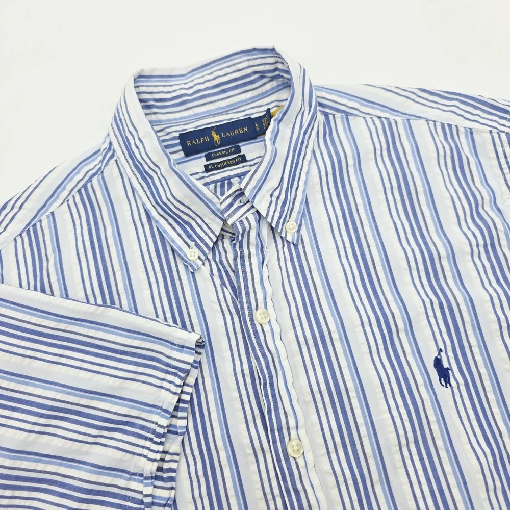 Polo Ralph Lauren Classic Fit RL Untucked Men Large Blue White Stripe Short Slee